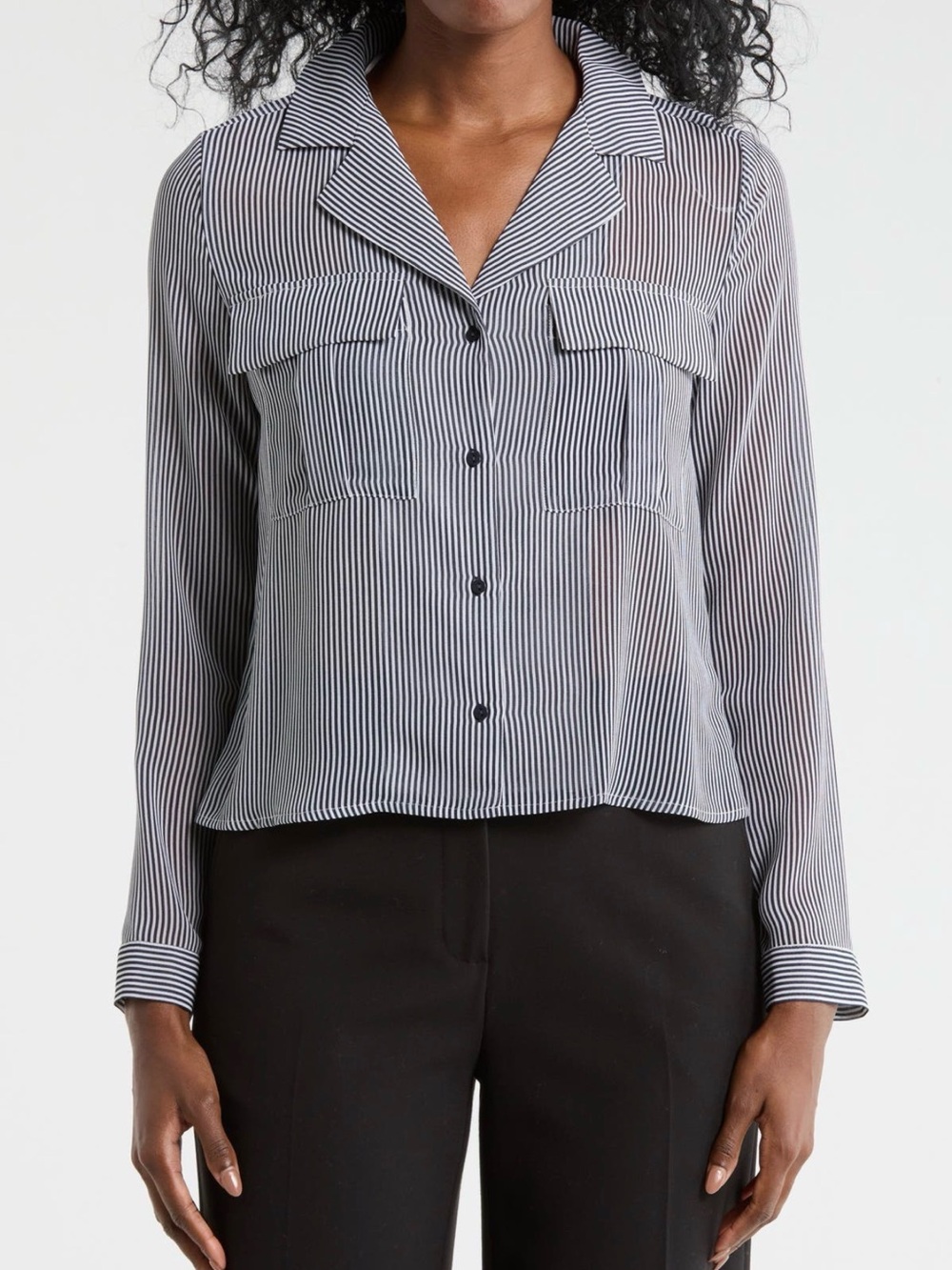 Black and White Pinstripe Button-Front Women’s Blouse